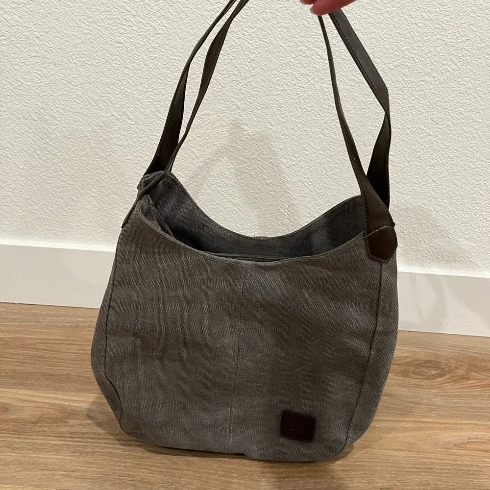 Canvas Hobo Bag in Gray with Leather Trim